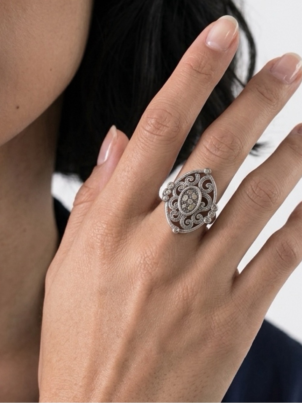 Brighton Silver Filigree Scroll Ring with Crystal Accents.  Scrollwork & Crystal